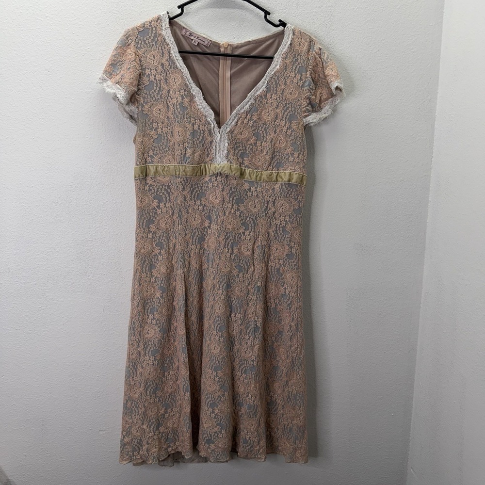 Vtg Y2K Young Essence Lace Babydoll Mini Dress Y2K Coquette Pink Velvet Trim XL